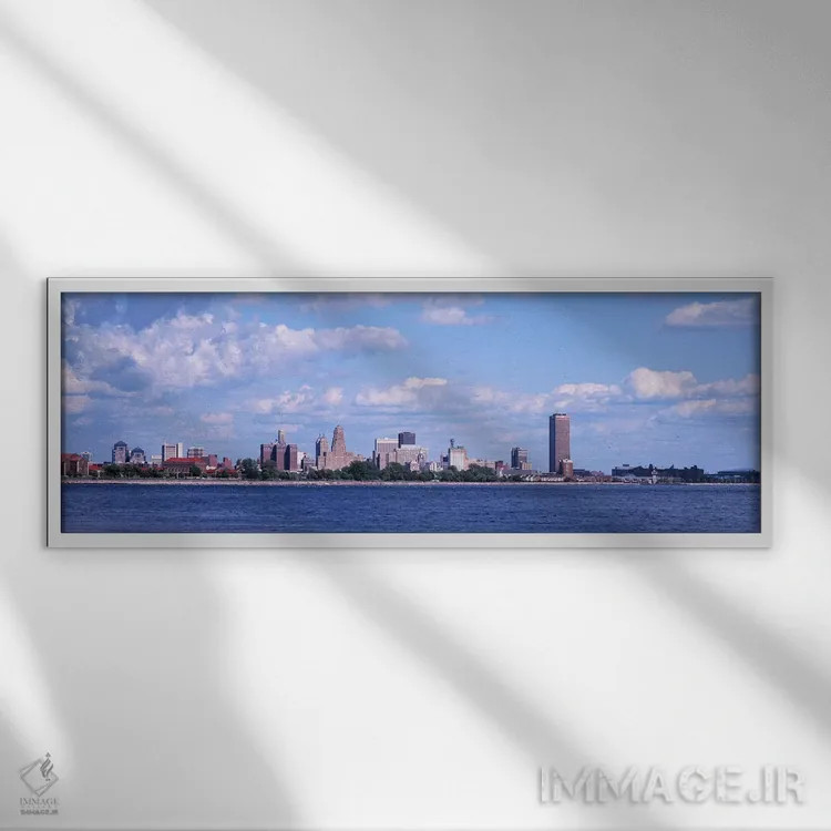 تابلو Buffalo, Niagara River, Erie County, New York State, USA,ساختمانهای کنار ساحل، بوفالو، رود نیگارا، شهرستان ایری، ایالت نیویورک، ایالات متحده آمریکا اثر پانورامیک ایمجز (استودیو عکاسی عریض) - نمای قابدار سفید