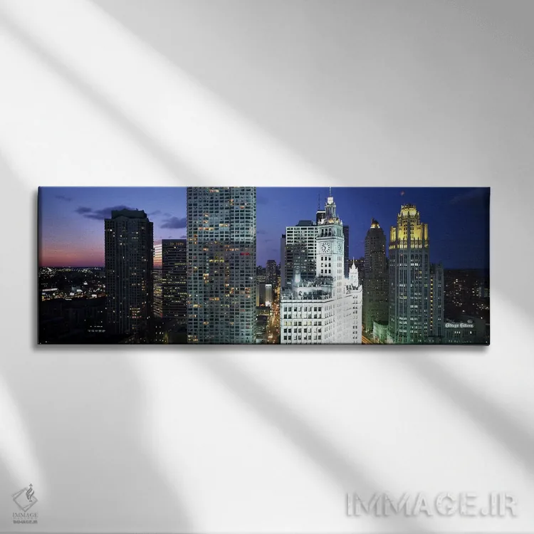 تابلو Chicago, Illinois, USA,آسمانخراش روشن در شب در شهر، شیکاگو، ایلینوی، ایالات متحده آمریکا اثر پانورامیک ایمجز (استودیو عکاسی عریض) - نمای روبهرو روی دیوار