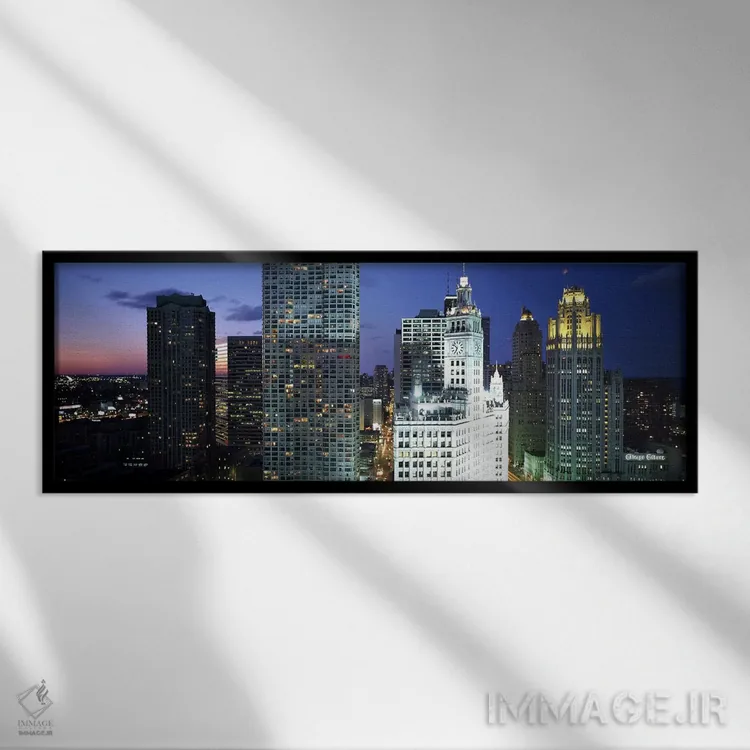 تابلو Chicago, Illinois, USA,آسمانخراش روشن در شب در شهر، شیکاگو، ایلینوی، ایالات متحده آمریکا اثر پانورامیک ایمجز (استودیو عکاسی عریض) - نمای قابدار مشکی