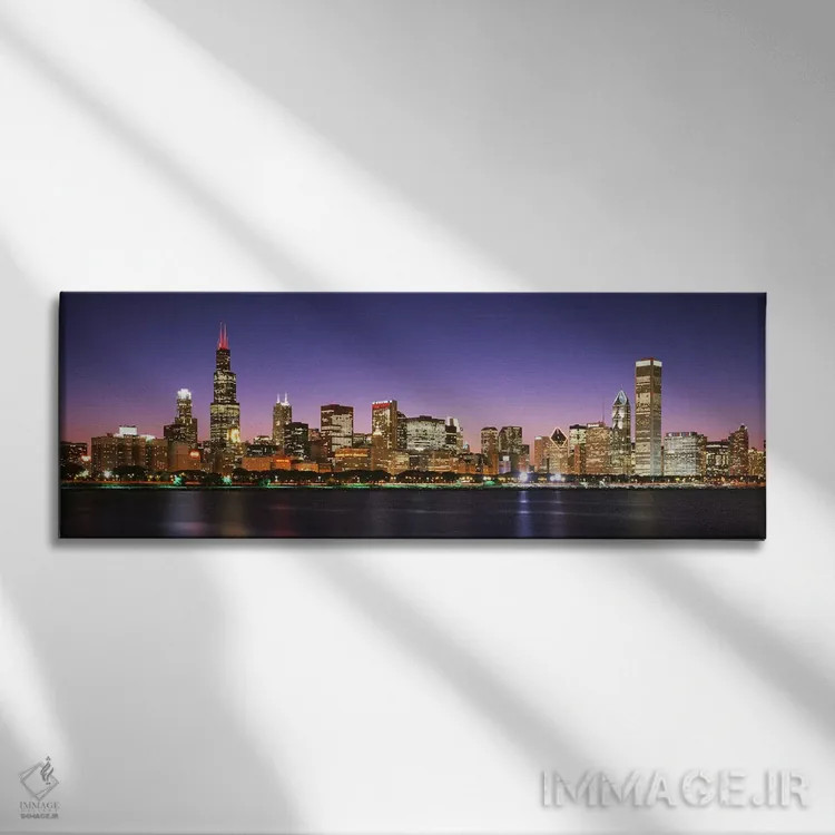 تابلو Lake Michigan, Chicago, Cook County, Illinois, USA,آسمانخراشهای روشن در شب کنار ساحل، دریاچه میشیگان، شیکاگو، شهرستان کوک، ایلینوی، ایالات متحده آمریکا اثر پانورامیک ایمجز (استودیو عکاسی عریض) - نمای روبهرو روی دیوار