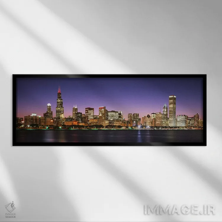 تابلو Lake Michigan, Chicago, Cook County, Illinois, USA,آسمانخراشهای روشن در شب کنار ساحل، دریاچه میشیگان، شیکاگو، شهرستان کوک، ایلینوی، ایالات متحده آمریکا اثر پانورامیک ایمجز (استودیو عکاسی عریض) - نمای قابدار مشکی