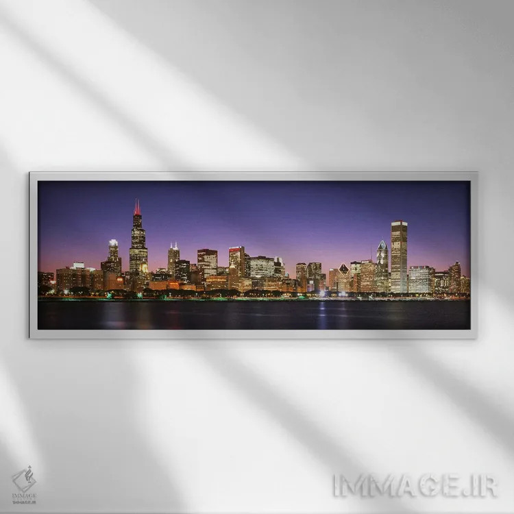 تابلو Lake Michigan, Chicago, Cook County, Illinois, USA,آسمانخراشهای روشن در شب کنار ساحل، دریاچه میشیگان، شیکاگو، شهرستان کوک، ایلینوی، ایالات متحده آمریکا اثر پانورامیک ایمجز (استودیو عکاسی عریض) - نمای قابدار سفید