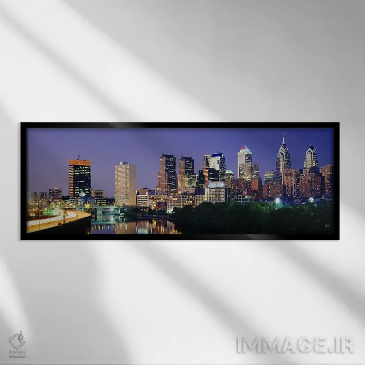تابلو Pennsylvania, Philadelphia skyline, night,نمای شب افق فیلادلفیا، پنسیلوانیا، ایالات متحده آمریکا اثر پانورامیک ایمجز (استودیو عکاسی عریض) - نمای قابدار مشکی