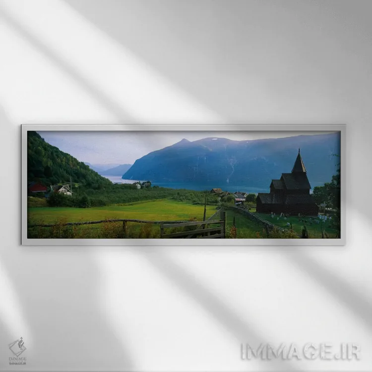 تابلو Urnes stave church, Lustrafjorden, Luster, Sogn Og Fjordane, Norway,کلیسا در روستا، کلیسای چوبی اورنس، لوسترفیوردن، لوستر، سون اوگ فیوردانه، نروژ اثر پانورامیک ایمجز (استودیو عکاسی عریض) - نمای قابدار سفید