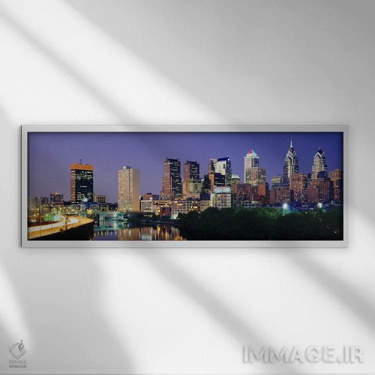 تابلو Pennsylvania, Philadelphia skyline, night,نمای شب افق فیلادلفیا، پنسیلوانیا، ایالات متحده آمریکا اثر پانورامیک ایمجز (استودیو عکاسی عریض) - نمای قابدار سفید