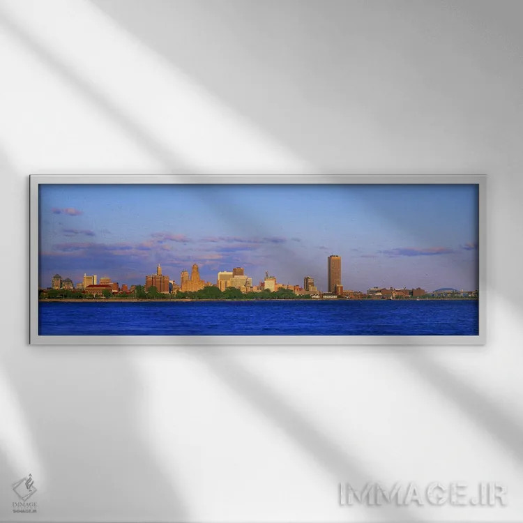 تابلو Buffalo, Niagara River, Erie County, New York State, USA #2,ساختمانهای کنار ساحل، بوفالو، رود نیگارا، شهرستان ایری، ایالت نیویورک، ایالات متحده آمریکا (۲) اثر پانورامیک ایمجز (استودیو عکاسی عریض) - نمای قابدار سفید