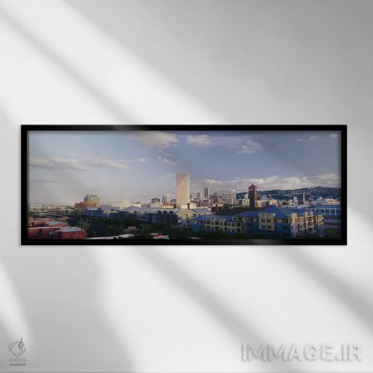 تابلو Portland, Oregon, USA,نمای بالا از ساختمانها در شهر، پورتلند، اورگان، ایالات متحده آمریکا اثر پانورامیک ایمجز (استودیو عکاسی عریض) - نمای قابدار مشکی