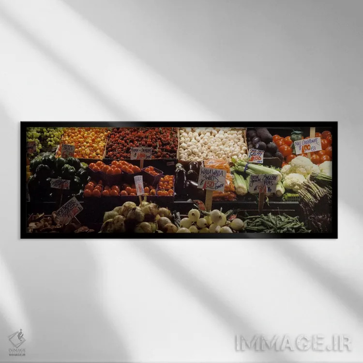 تابلو Pike Place Market, Seattle, King County, Washington State, USA,میوه و سبزیجات در غرفه بازار، بازار پایک پلیس، سیاتل، کینگ کانتی، واشنگتن، آمریکا اثر پانورامیک ایمجز (استودیو عکاسی عریض) - نمای قابدار مشکی
