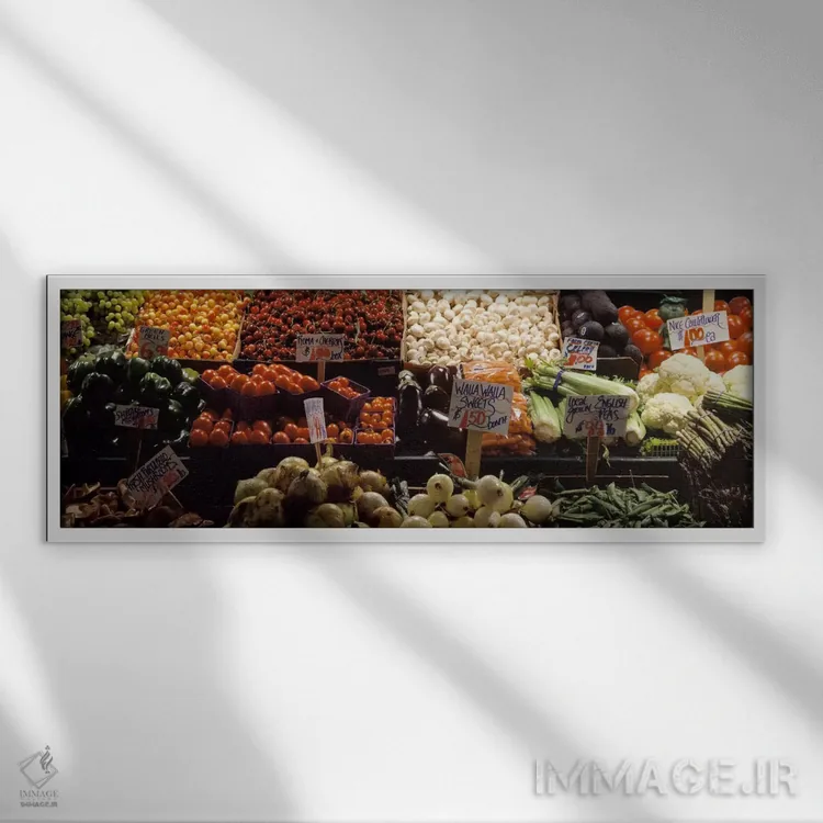 تابلو Pike Place Market, Seattle, King County, Washington State, USA,میوه و سبزیجات در غرفه بازار، بازار پایک پلیس، سیاتل، کینگ کانتی، واشنگتن، آمریکا اثر پانورامیک ایمجز (استودیو عکاسی عریض) - نمای قابدار سفید