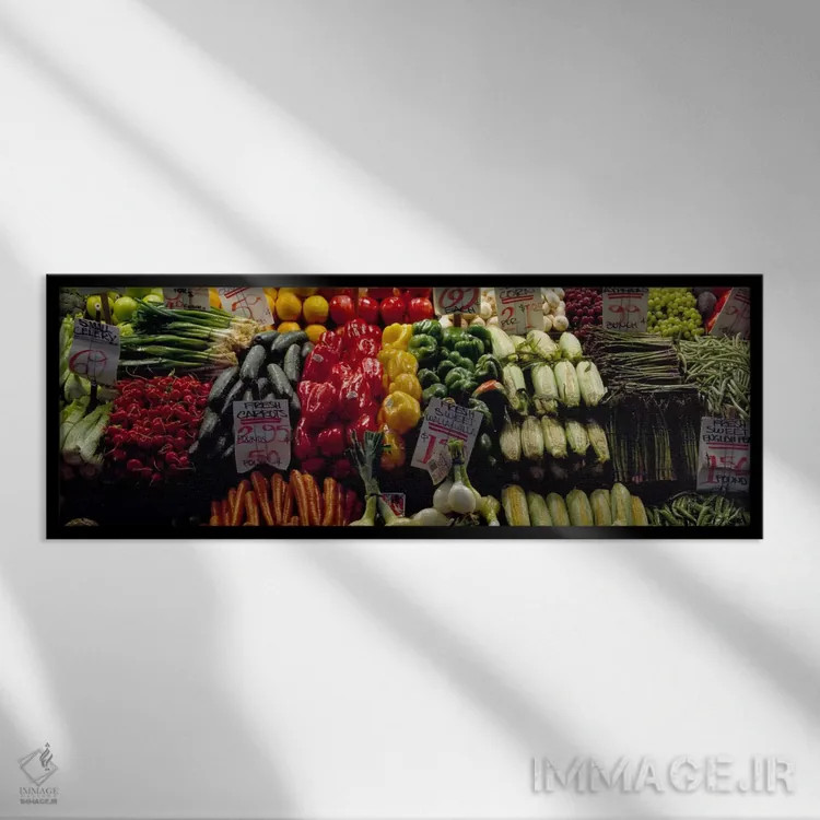 تابلو Pike Place Market, Seattle, King County, Washington State, USA #2,میوه و سبزیجات در غرفه بازار، بازار پایک پلیس، سیاتل، کینگ کانتی، واشنگتن، آمریکا (۲) اثر پانورامیک ایمجز (استودیو عکاسی عریض) - نمای قابدار مشکی