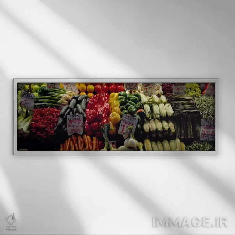 تابلو Pike Place Market, Seattle, King County, Washington State, USA #2,میوه و سبزیجات در غرفه بازار، بازار پایک پلیس، سیاتل، کینگ کانتی، واشنگتن، آمریکا (۲) اثر پانورامیک ایمجز (استودیو عکاسی عریض) - نمای قابدار سفید