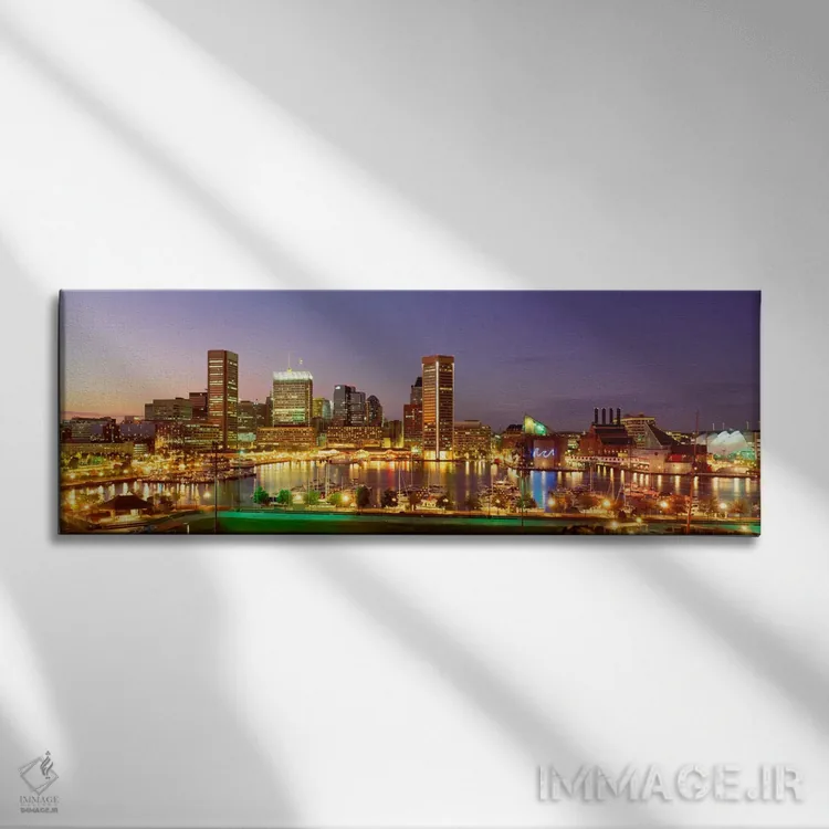 تابلو Maryland, Baltimore, City at night viewed from Federal Hill Park,آمریکا، مریلند، بالتیمور، شهر در شب از نمای پارک فدرال هیل اثر پانورامیک ایمجز (استودیو عکاسی عریض) - نمای روبهرو روی دیوار