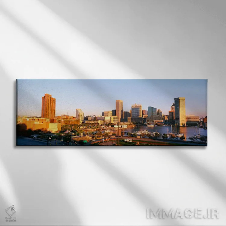 تابلو Maryland, Baltimore, High angle view from Federal Hill Parkof Inner Harbor area and skyline,آمریکا، مریلند، بالتیمور، نمای زاویه بالا از پارک فدرال هیل و اسکله داخلی و افق شهر اثر پانورامیک ایمجز (استودیو عکاسی عریض) - نمای روبهرو روی دیوار