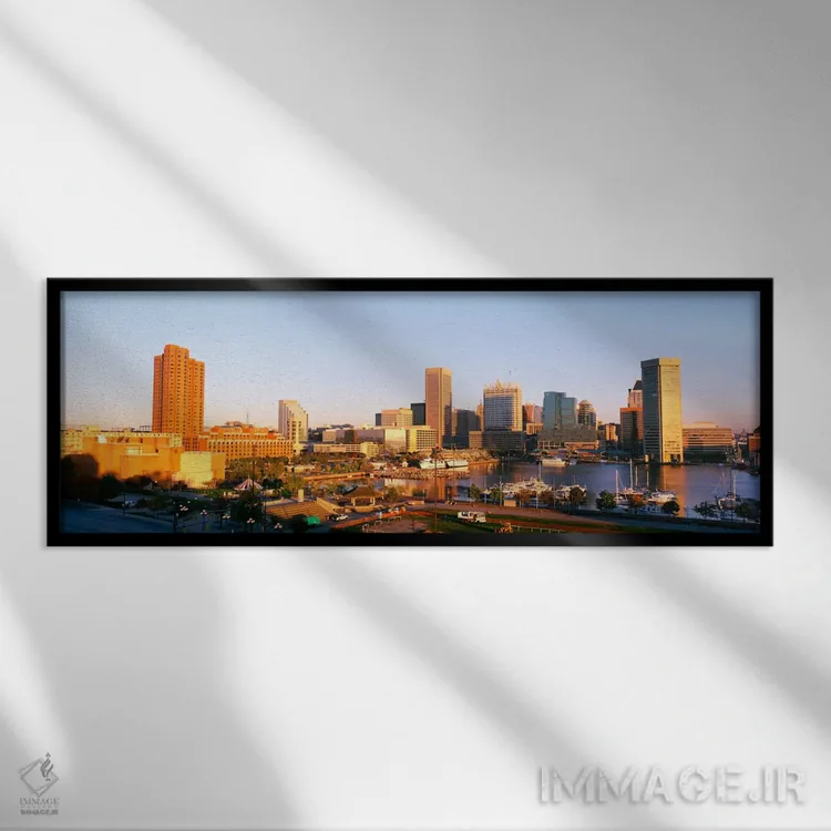 تابلو Maryland, Baltimore, High angle view from Federal Hill Parkof Inner Harbor area and skyline,آمریکا، مریلند، بالتیمور، نمای زاویه بالا از پارک فدرال هیل و اسکله داخلی و افق شهر اثر پانورامیک ایمجز (استودیو عکاسی عریض) - نمای قابدار مشکی