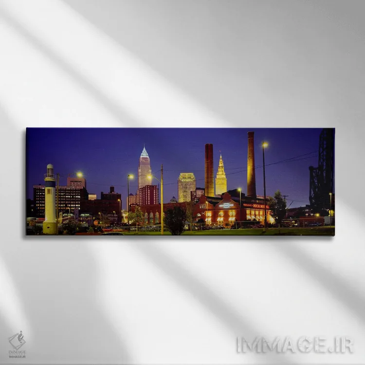 تابلو Cleveland, Ohio, USA,ساختمانهای روشنشده در شب، کلیولند، اوهایو، آمریکا اثر پانورامیک ایمجز (استودیو عکاسی عریض) - نمای روبهرو روی دیوار