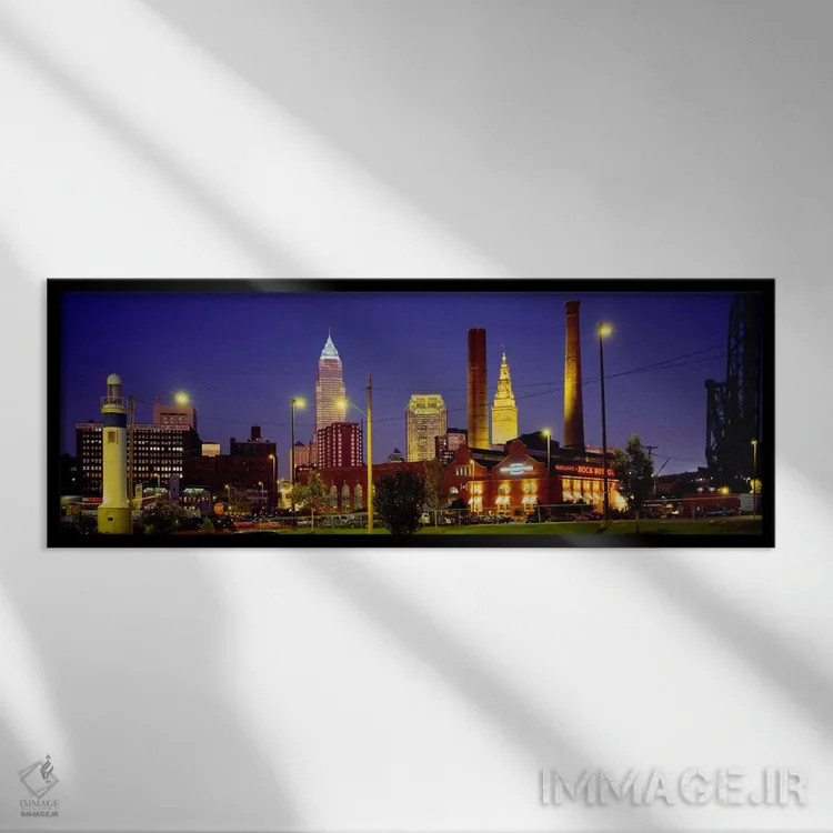 تابلو Cleveland, Ohio, USA,ساختمانهای روشنشده در شب، کلیولند، اوهایو، آمریکا اثر پانورامیک ایمجز (استودیو عکاسی عریض) - نمای قابدار مشکی