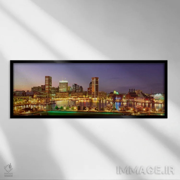 تابلو Maryland, Baltimore, City at night viewed from Federal Hill Park,آمریکا، مریلند، بالتیمور، شهر در شب از نمای پارک فدرال هیل اثر پانورامیک ایمجز (استودیو عکاسی عریض) - نمای قابدار مشکی