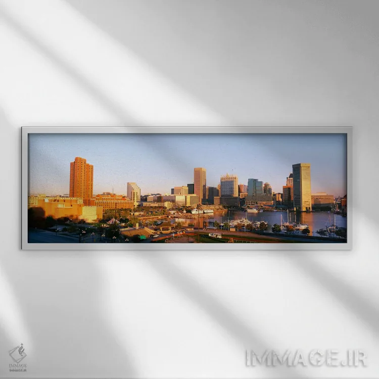 تابلو Maryland, Baltimore, High angle view from Federal Hill Parkof Inner Harbor area and skyline,آمریکا، مریلند، بالتیمور، نمای زاویه بالا از پارک فدرال هیل و اسکله داخلی و افق شهر اثر پانورامیک ایمجز (استودیو عکاسی عریض) - نمای قابدار سفید