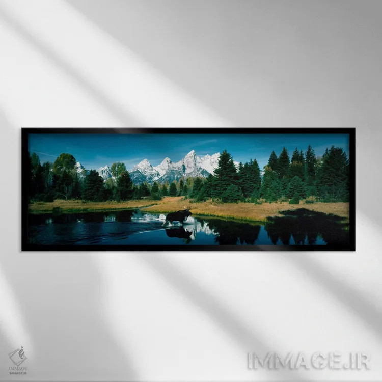 تابلو گوزن و برکه سگآبی، پارک ملی گرند تتون، وایومینگ، آمریکا اثر پانورامیک ایمجز (استودیو عکاسی عریض) - نمای قابدار مشکی