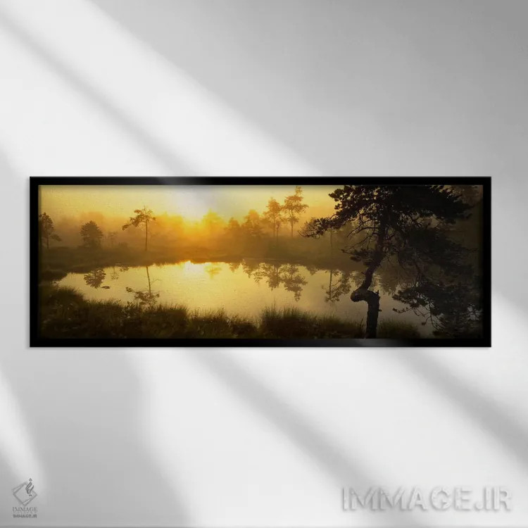 تابلو Vastmanland, Sweden,طلوع آفتاب جنگل مهآلود و انعکاس آن، واستمانلاند، سوئد اثر پانورامیک ایمجز (استودیو عکاسی عریض) - نمای قابدار مشکی