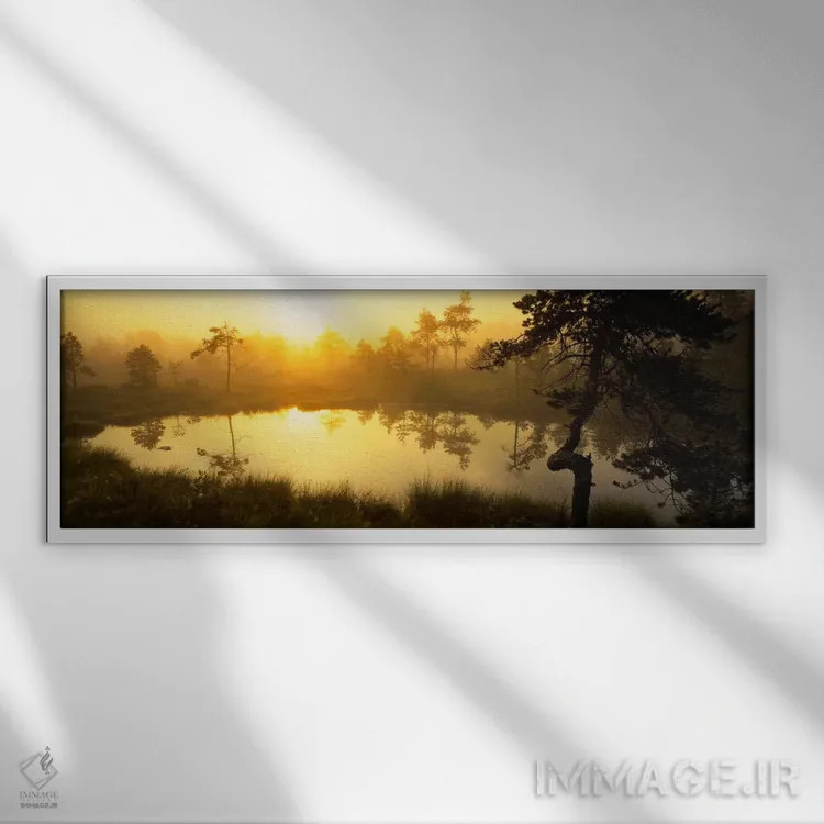 تابلو Vastmanland, Sweden,طلوع آفتاب جنگل مهآلود و انعکاس آن، واستمانلاند، سوئد اثر پانورامیک ایمجز (استودیو عکاسی عریض) - نمای قابدار سفید