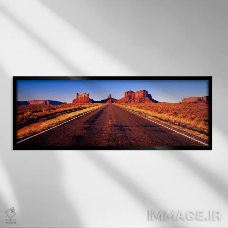 تابلو Monument Valley, Navajo Nation, Arizona, USA,نمایی از بزرگراه ۱۶۳ آمریکا، درهٔ یادمان، ملت ناواهو، آریزونا، ایالات متحده آمریکا اثر پانورامیک ایمجز (استودیو عکاسی عریض) - نمای قابدار مشکی