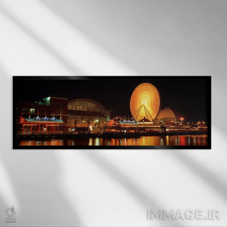 تابلو اسکله نیروی دریایی در شب، شیکاگو، ایلینوی، ایالات متحده آمریکا اثر پانورامیک ایمجز (استودیو عکاسی عریض) - نمای قابدار مشکی