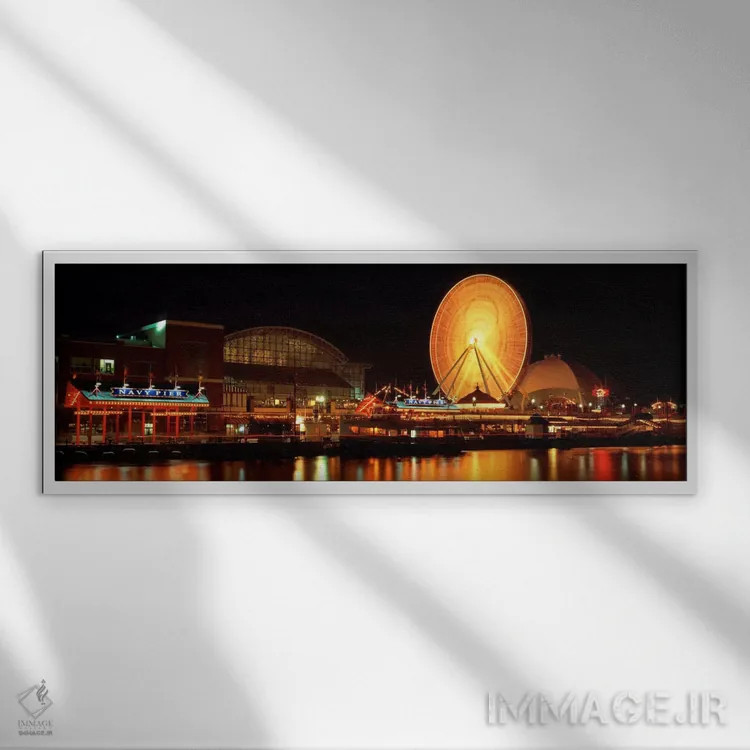 تابلو اسکله نیروی دریایی در شب، شیکاگو، ایلینوی، ایالات متحده آمریکا اثر پانورامیک ایمجز (استودیو عکاسی عریض) - نمای قابدار سفید