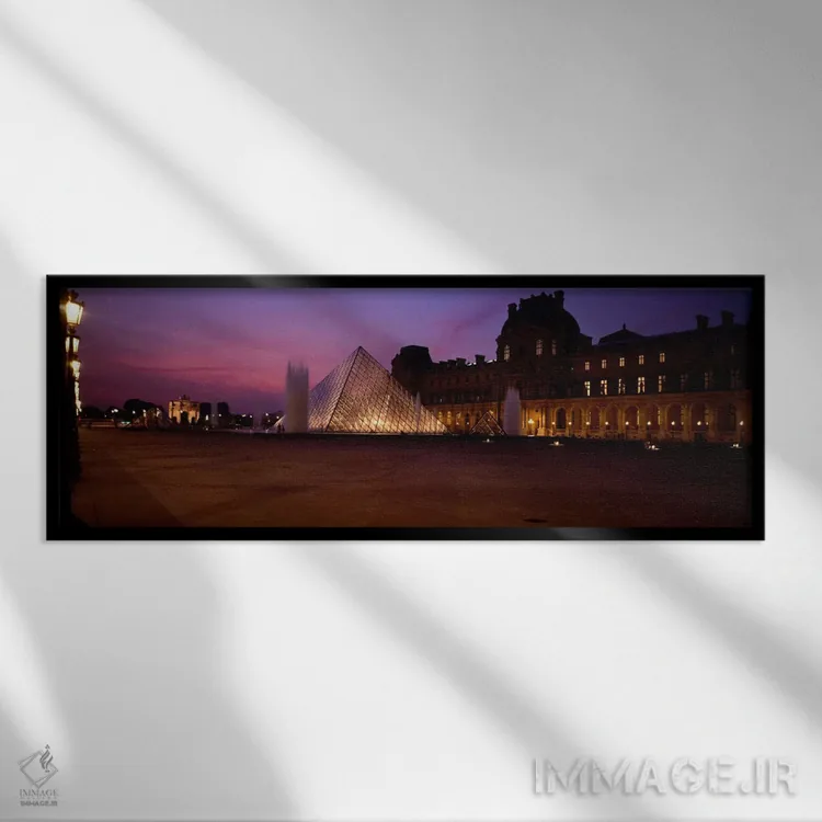 تابلو Louvre Pyramid, Musee Du Louvre, Paris, Ile-de-France, France,هرم روشنشده در شب، هرم لوور، موزه لوور، پاریس، ایل-دو-فرانس، فرانسه اثر پانورامیک ایمجز (استودیو عکاسی عریض) - نمای قابدار مشکی