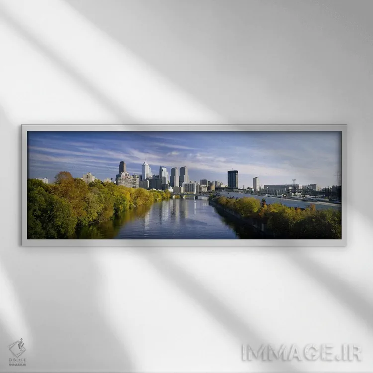 تابلو Schuylkill River, Northwest Philadelphia, Philadelphia, Pennsylvania, USA,بازتاب ساختمانها در آب، رودخانه شویکیل، شمال غربی فیلادلفیا، پنسیلوانیا، آمریکا اثر پانورامیک ایمجز (استودیو عکاسی عریض) - نمای قابدار سفید