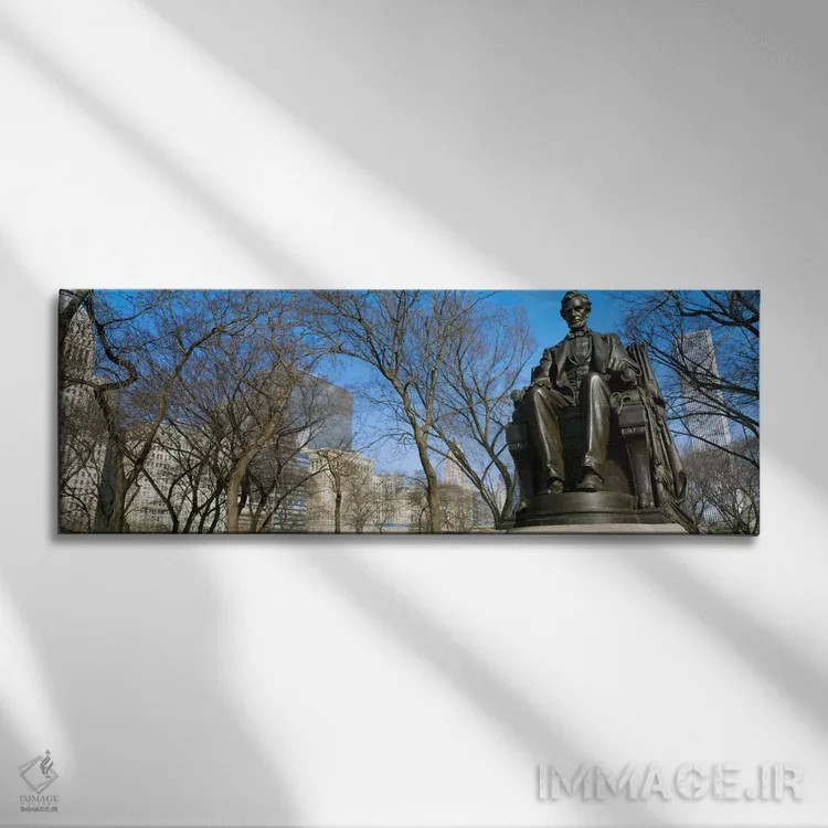 تابلو Grant Park, Chicago, Illinois, USA,نمای زاویه پایین از مجسمه آبراهام لینکلن در پارک، گرانت پارک، شیکاگو، ایلینوی، آمریکا اثر پانورامیک ایمجز (استودیو عکاسی عریض) - نمای روبهرو روی دیوار