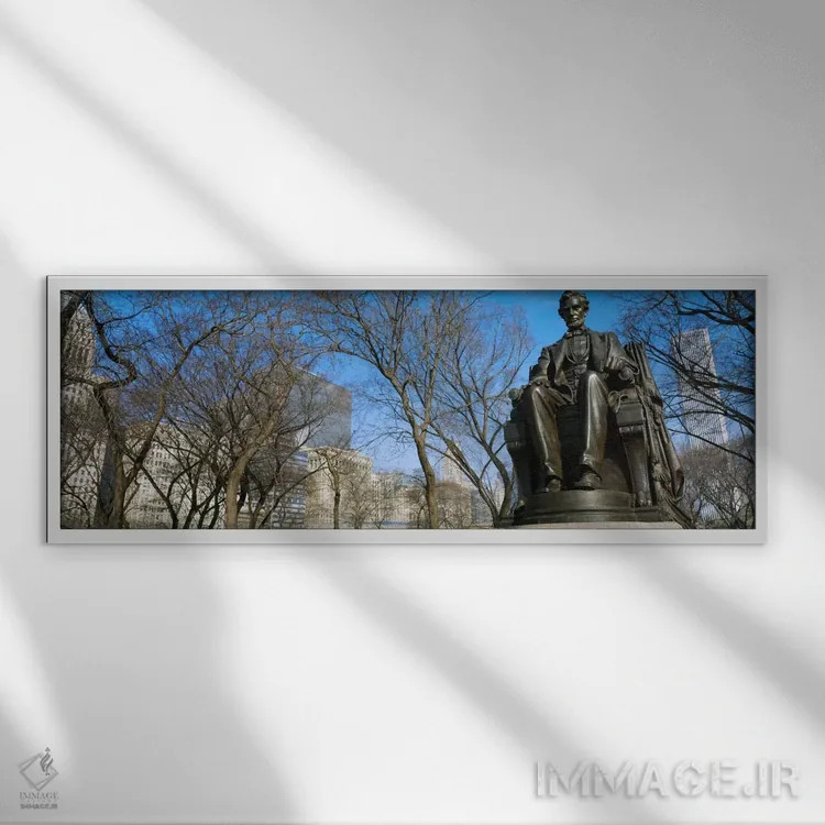 تابلو Grant Park, Chicago, Illinois, USA,نمای زاویه پایین از مجسمه آبراهام لینکلن در پارک، گرانت پارک، شیکاگو، ایلینوی، آمریکا اثر پانورامیک ایمجز (استودیو عکاسی عریض) - نمای قابدار سفید