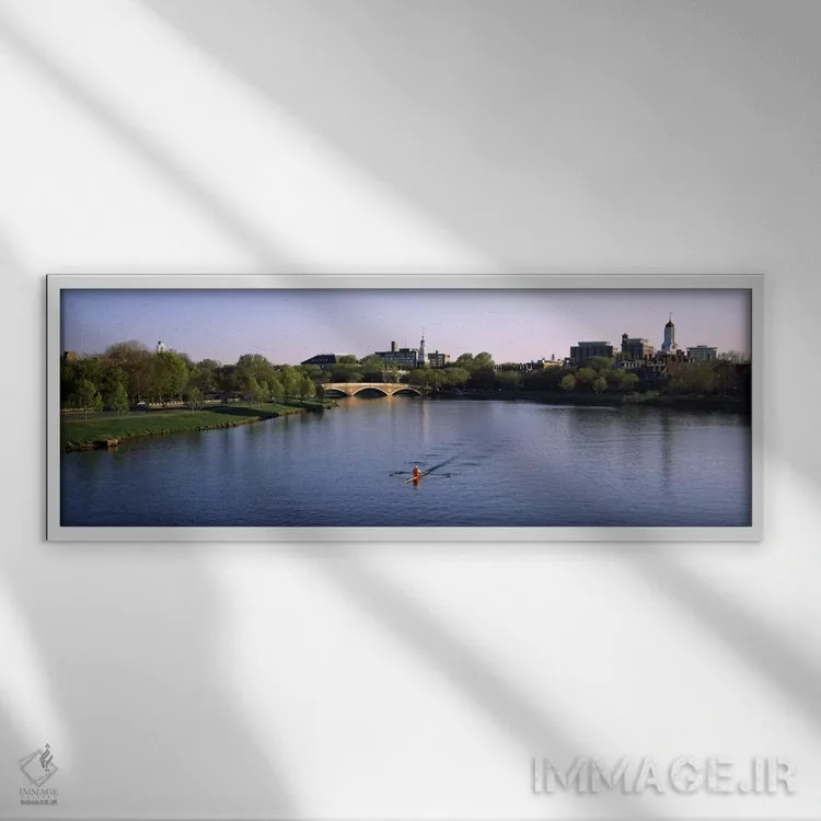 تابلو Charles River, Boston & Cambridge, Massachusetts, USA,قایق در رودخانه، رودخانه چارلز، بوستون و کمبریج، ماساچوست، آمریکا اثر پانورامیک ایمجز (استودیو عکاسی عریض) - نمای قابدار سفید