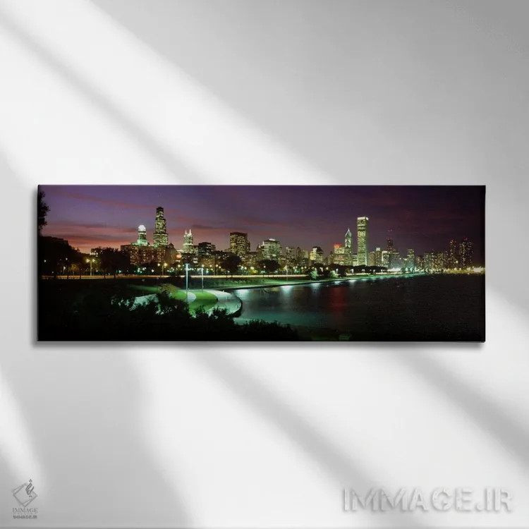 تابلو افق شبانه شیکاگو، ایلینوی، آمریکا (۲) اثر پانورامیک ایمجز (استودیو عکاسی عریض) - نمای روبهرو روی دیوار