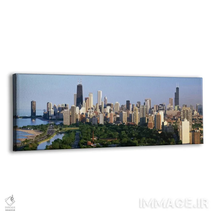 تابلو view of Hancock Building and Sears Tower, Lincoln Park, Lake Michigan, Chicago, Cook County, Illinois, USA,ساختمانهای شهری و نمای برج هانکاک و برج سیرز، پارک لینکلن، دریاچه میشیگان، شیکاگو، ایلینوی اثر پانورامیک ایمجز (استودیو عکاسی عریض) - نم