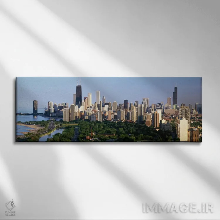 تابلو view of Hancock Building and Sears Tower, Lincoln Park, Lake Michigan, Chicago, Cook County, Illinois, USA,ساختمانهای شهری و نمای برج هانکاک و برج سیرز، پارک لینکلن، دریاچه میشیگان، شیکاگو، ایلینوی اثر پانورامیک ایمجز (استودیو عکاسی عریض) - نم