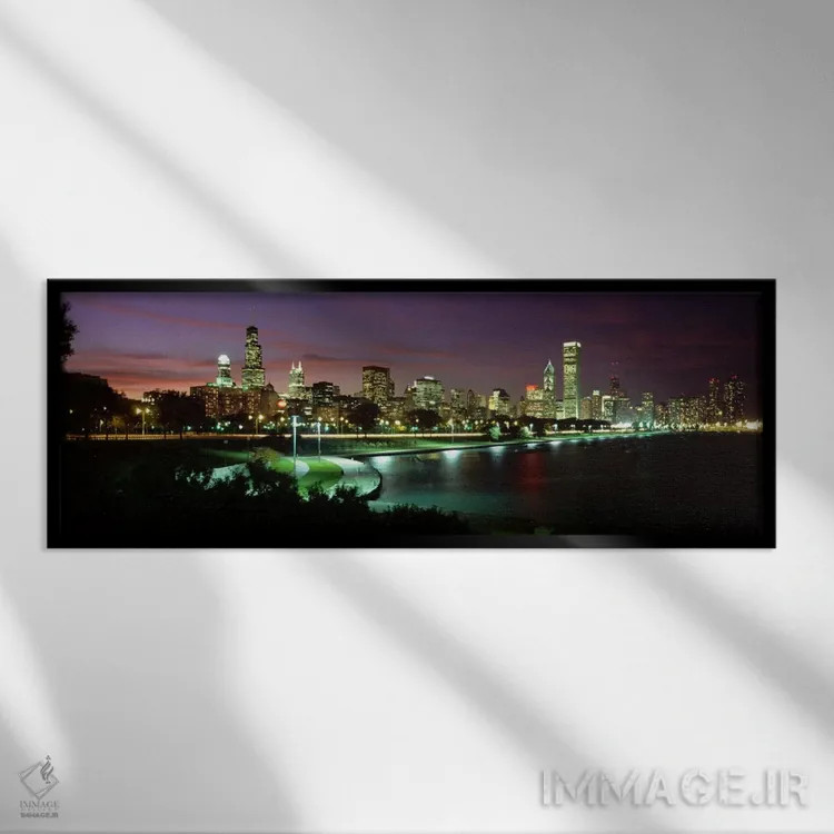 تابلو افق شبانه شیکاگو، ایلینوی، آمریکا (۲) اثر پانورامیک ایمجز (استودیو عکاسی عریض) - نمای قابدار مشکی
