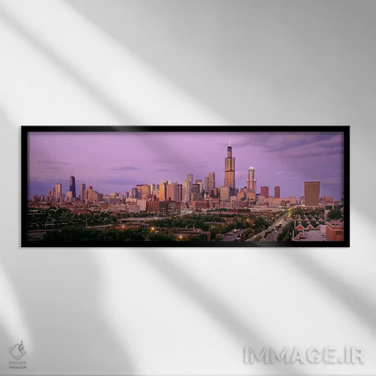 تابلو Illinois, USA,نمای شهر در غروب، شیکاگو، ایلینوی، آمریکا اثر پانورامیک ایمجز (استودیو عکاسی عریض) - نمای قابدار مشکی