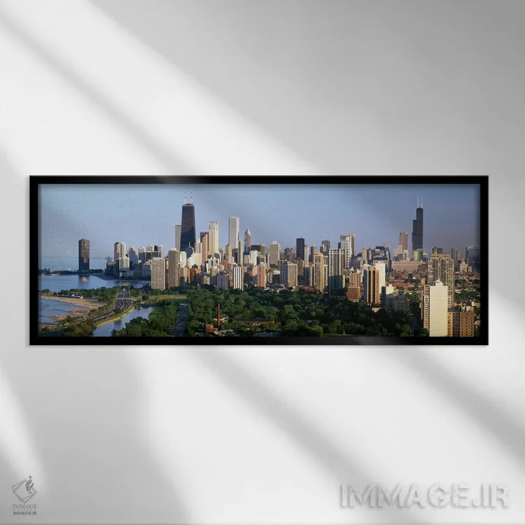 تابلو view of Hancock Building and Sears Tower, Lincoln Park, Lake Michigan, Chicago, Cook County, Illinois, USA,ساختمانهای شهری و نمای برج هانکاک و برج سیرز، پارک لینکلن، دریاچه میشیگان، شیکاگو، ایلینوی اثر پانورامیک ایمجز (استودیو عکاسی عریض) - نم