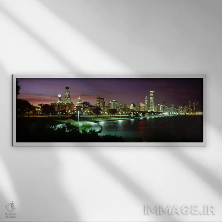 تابلو افق شبانه شیکاگو، ایلینوی، آمریکا (۲) اثر پانورامیک ایمجز (استودیو عکاسی عریض) - نمای قابدار سفید