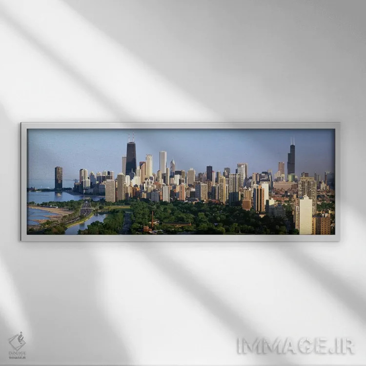 تابلو view of Hancock Building and Sears Tower, Lincoln Park, Lake Michigan, Chicago, Cook County, Illinois, USA,ساختمانهای شهری و نمای برج هانکاک و برج سیرز، پارک لینکلن، دریاچه میشیگان، شیکاگو، ایلینوی اثر پانورامیک ایمجز (استودیو عکاسی عریض) - نم