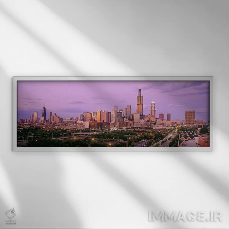 تابلو Illinois, USA,نمای شهر در غروب، شیکاگو، ایلینوی، آمریکا اثر پانورامیک ایمجز (استودیو عکاسی عریض) - نمای قابدار سفید