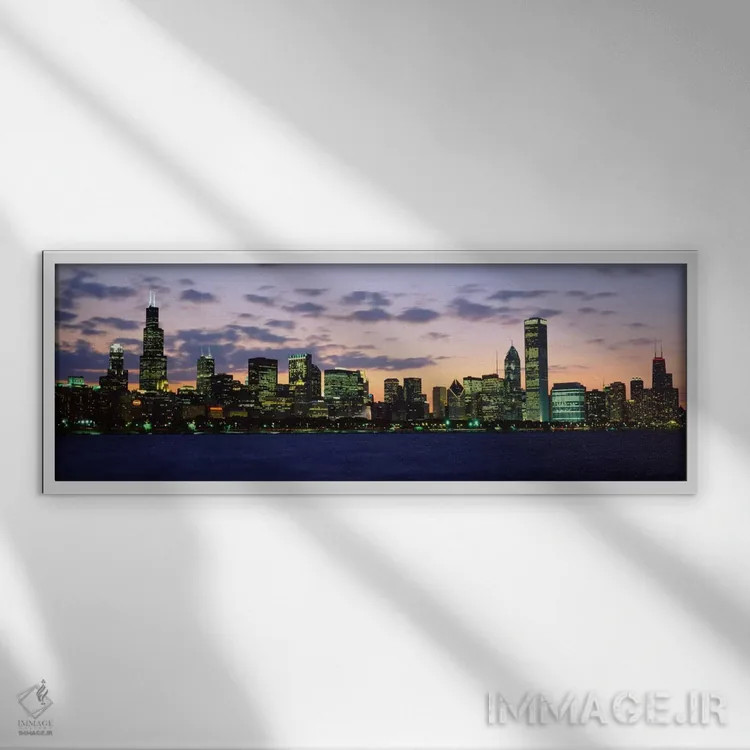 تابلو Illinois, USA,ساختمانهای یک شهر هنگام غروب، شیکاگو، ایلینوی، آمریکا اثر پانورامیک ایمجز (استودیو عکاسی عریض) - نمای قابدار سفید