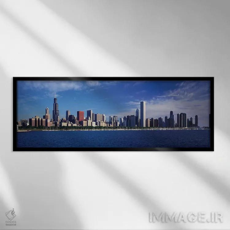 تابلو Chicago, Illinois, USA,منظرهٔ خط افق شهر از دریاچه میشیگان، شیکاگو، ایلینوی، آمریکا اثر پانورامیک ایمجز (استودیو عکاسی عریض) - نمای قابدار مشکی