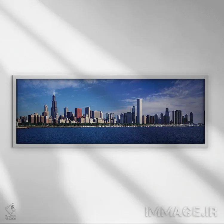 تابلو Chicago, Illinois, USA,منظرهٔ خط افق شهر از دریاچه میشیگان، شیکاگو، ایلینوی، آمریکا اثر پانورامیک ایمجز (استودیو عکاسی عریض) - نمای قابدار سفید