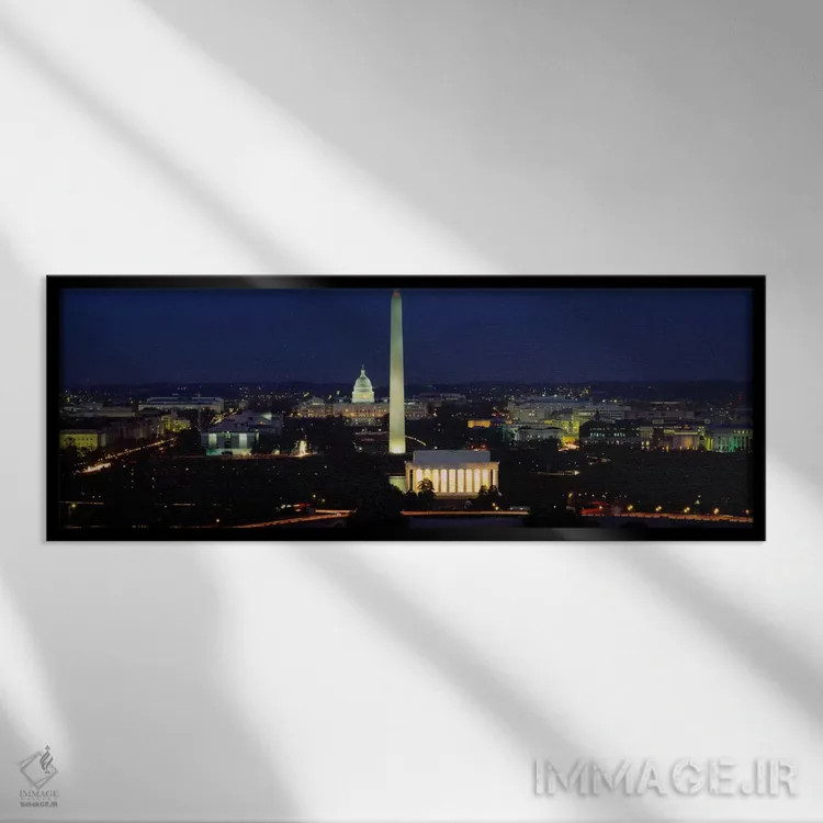 تابلو Washington DC, District of Columbia, USA,ساختمانهای روشنشده در شب، بنای یادبود واشنگتن، واشنگتن دیسی، آمریکا اثر پانورامیک ایمجز (استودیو عکاسی عریض) - نمای قابدار مشکی