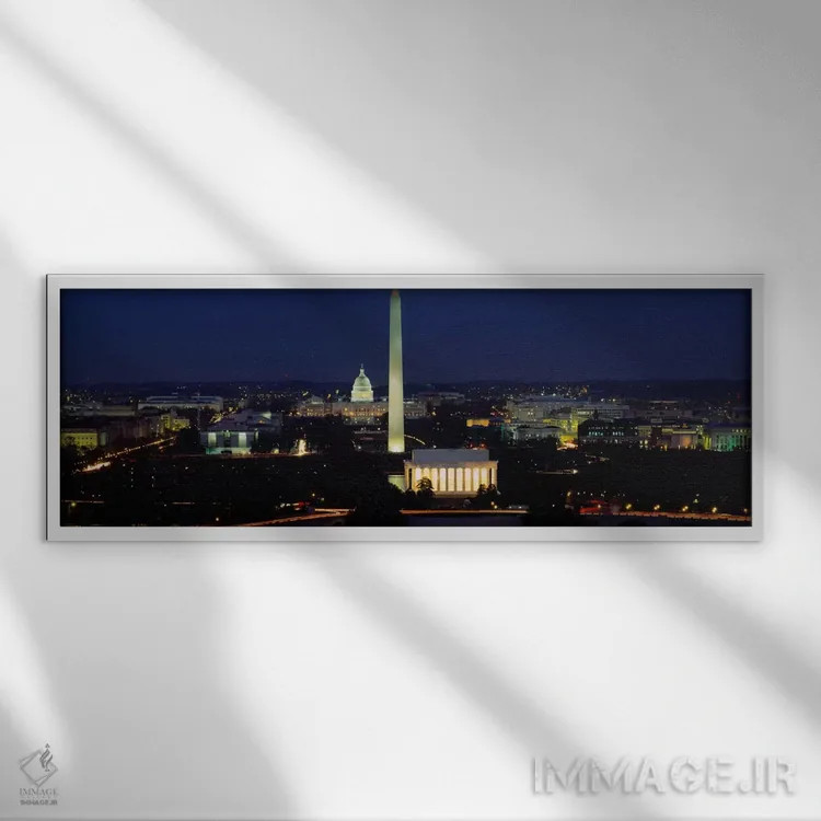 تابلو Washington DC, District of Columbia, USA,ساختمانهای روشنشده در شب، بنای یادبود واشنگتن، واشنگتن دیسی، آمریکا اثر پانورامیک ایمجز (استودیو عکاسی عریض) - نمای قابدار سفید