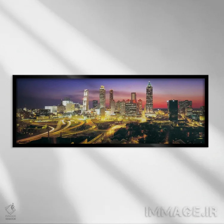 تابلو Dusk, Illuminated, Atlanta, Georgia, USA,چشمانداز شهری در شب، غروب و نورپردازی، آتلانتا، جورجیا، آمریکا اثر پانورامیک ایمجز (استودیو عکاسی عریض) - نمای قابدار مشکی