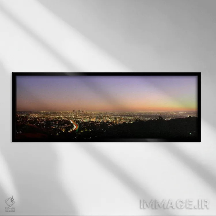 تابلو City of Los Angeles, California, USA,نمای هوایی از ساختمانها در شهر هنگام غروب از تپههای هالیوود، لسآنجلس، کالیفرنیا، آمریکا اثر پانورامیک ایمجز (استودیو عکاسی عریض) - نمای قابدار مشکی