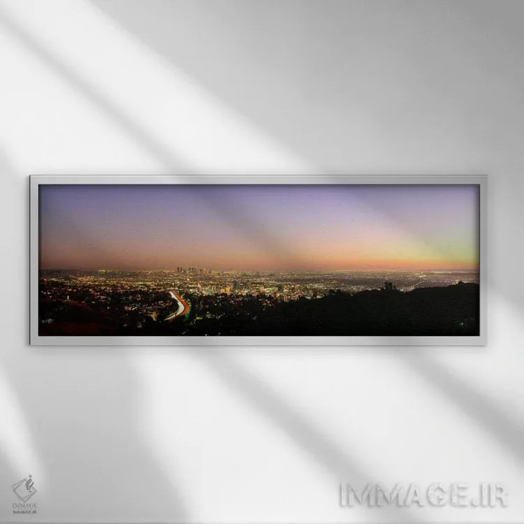 تابلو City of Los Angeles, California, USA,نمای هوایی از ساختمانها در شهر هنگام غروب از تپههای هالیوود، لسآنجلس، کالیفرنیا، آمریکا اثر پانورامیک ایمجز (استودیو عکاسی عریض) - نمای قابدار سفید